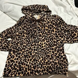 kate Hill M tan brown animal print full front hooded zip up w/pockets euc